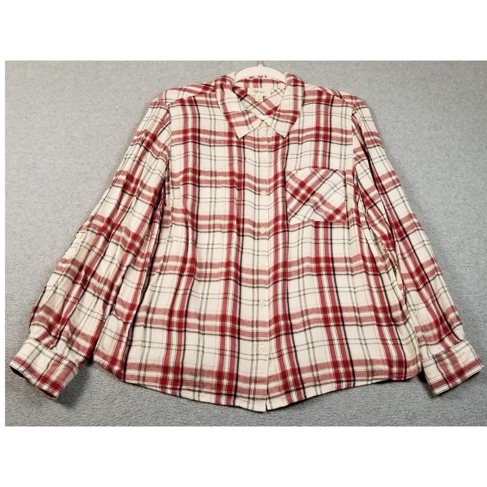 Style & Co Plaid Button Up Shirt Women's Large L Plaid Long Sleeve Flannel Fall